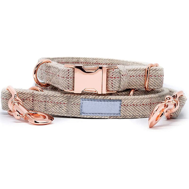 High quality pets cotton webbing dog leash and pet collar set with rose gold buckle