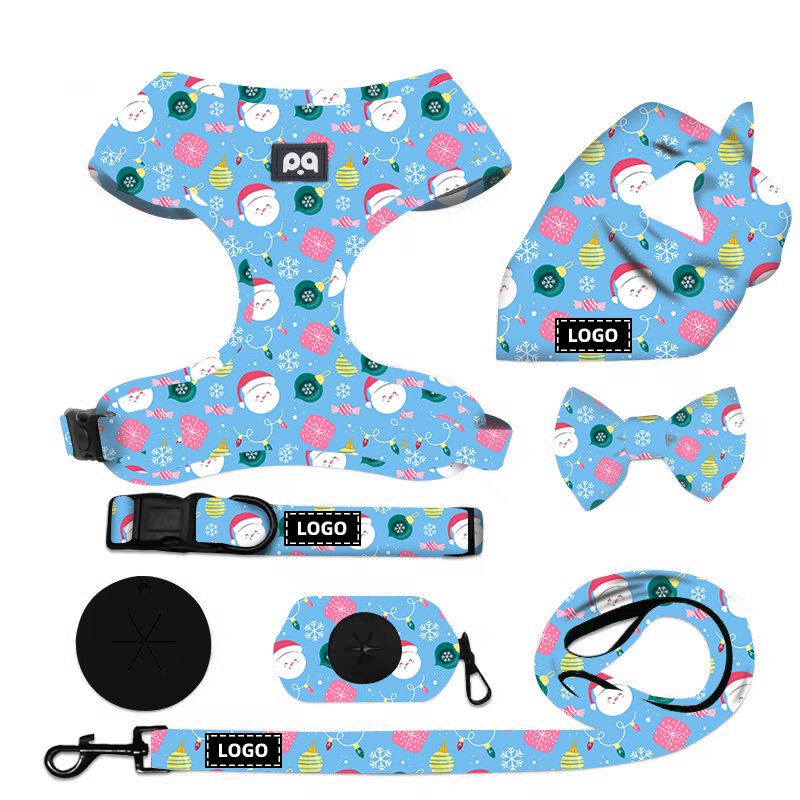 Custom Logo Christmas Dog Harness and Collar Print Pattern Training No Pull Pet Dog Leash Collar Neoprene Harness Set For Dogs