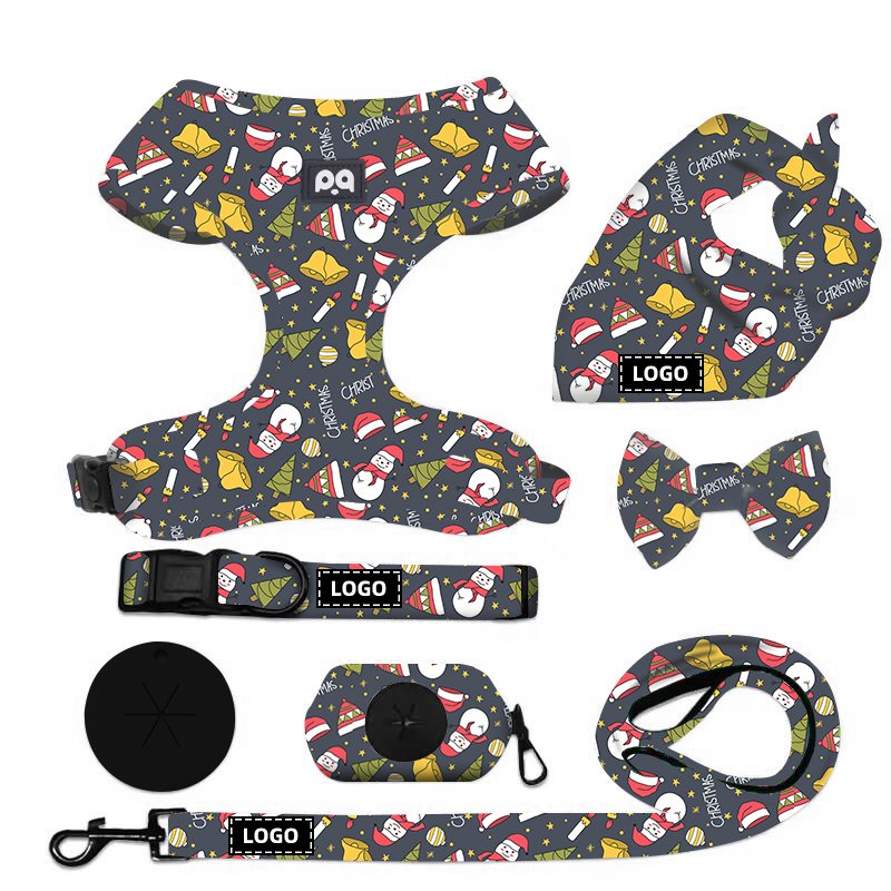 Custom Logo Christmas Dog Harness and Collar Print Pattern Training No Pull Pet Dog Leash Collar Neoprene Harness Set For Dogs