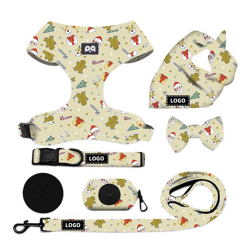 Custom Logo Christmas Dog Harness and Collar Print Pattern Training No Pull Pet Dog Leash Collar Neoprene Harness Set For Dogs