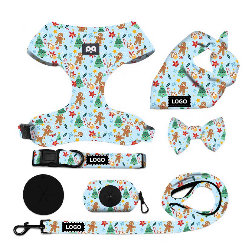 Custom Logo Christmas Dog Harness and Collar Print Pattern Training No Pull Pet Dog Leash Collar Neoprene Harness Set For Dogs