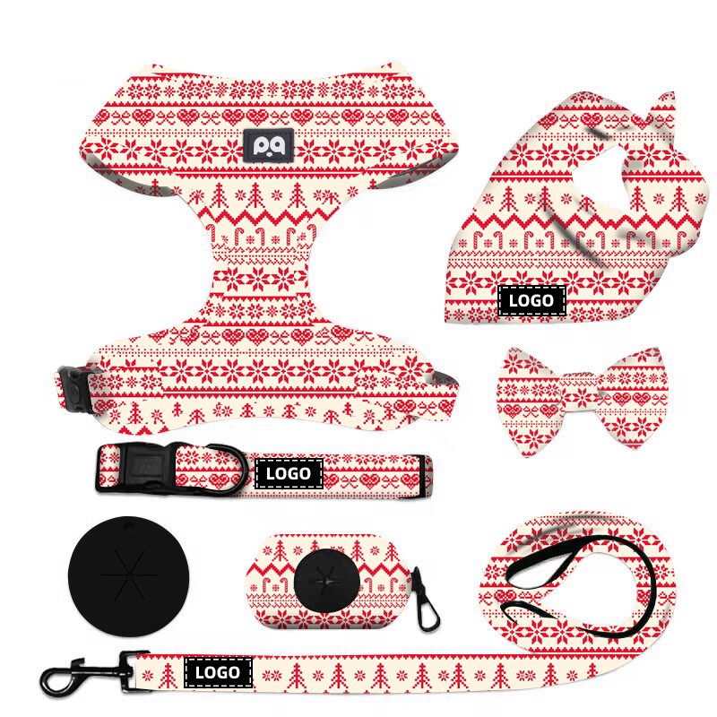 Custom Logo Christmas Dog Harness and Collar Print Pattern Training No Pull Pet Dog Leash Collar Neoprene Harness Set For Dogs