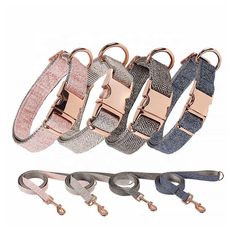 Amazon hot selling Wholesale Nylon Twill dog collares Adjustable Luxury Metal Gold Metal Buckle Tweed Pet collar And Leash Set