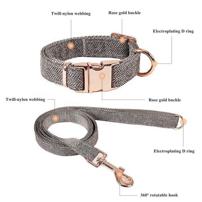 Amazon hot selling Wholesale Nylon Twill dog collares Adjustable Luxury Metal Gold Metal Buckle Tweed Pet collar And Leash Set