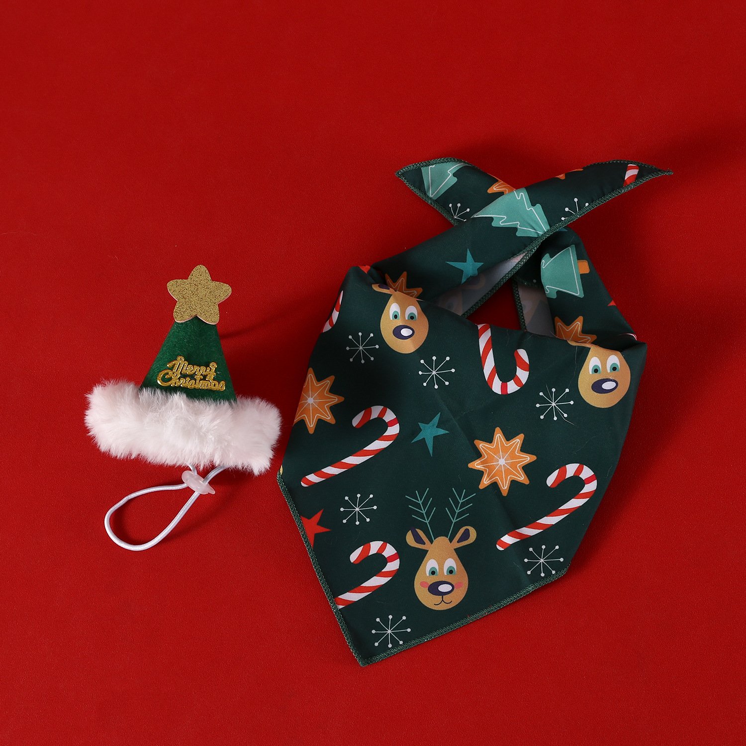Christmas Pet Scarf Hat Set Theme Party Cartoon Elk Pattern Triangle Scarf Kerchief Santa Adjustable Christmas Triangle Bandana