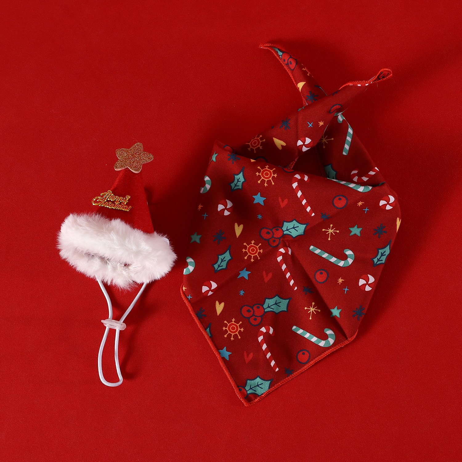 Christmas Pet Scarf Hat Set Theme Party Cartoon Elk Pattern Triangle Scarf Kerchief Santa Adjustable Christmas Triangle Bandana