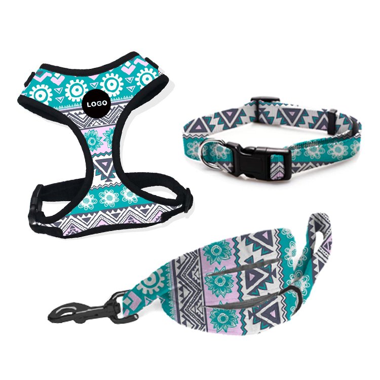 OEM/ODM Personalized Pet Accessories Print Reflective Reversible Quick Release Padded Polyester Pattern Dog Harness Set