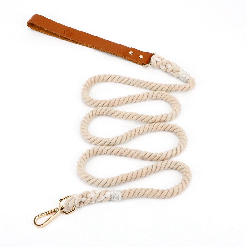 Dog Products Factory Hand Made Dying Cotton Rope Dog Leash Collar Set With Leather, Italy Cow Leather handle Dog Leads Cotton