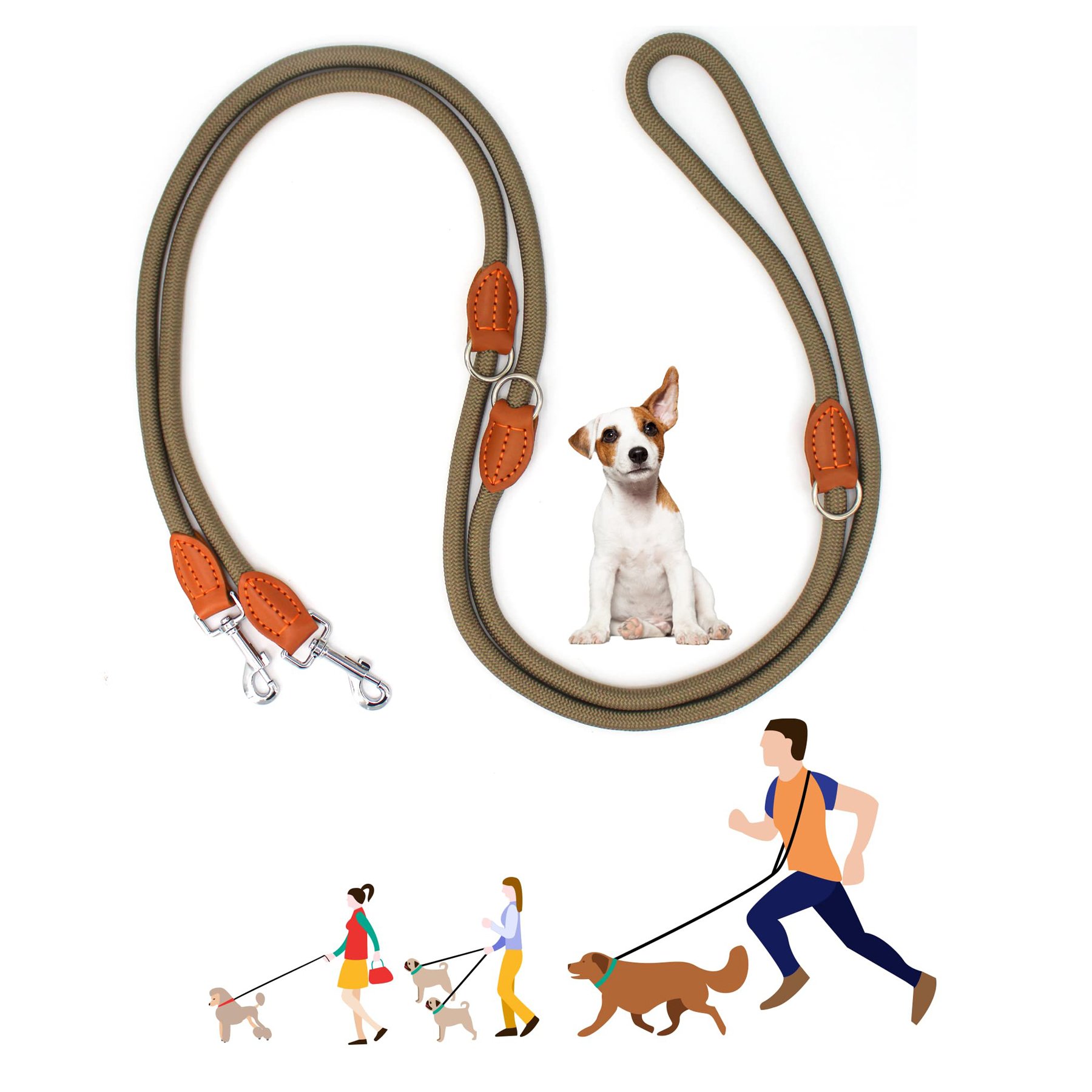 Crossbody Hands Free Dog Leash Training Lead Adjustable Double Ended Heavy Duty Nylon Rope Leash for Walking Running Jogging