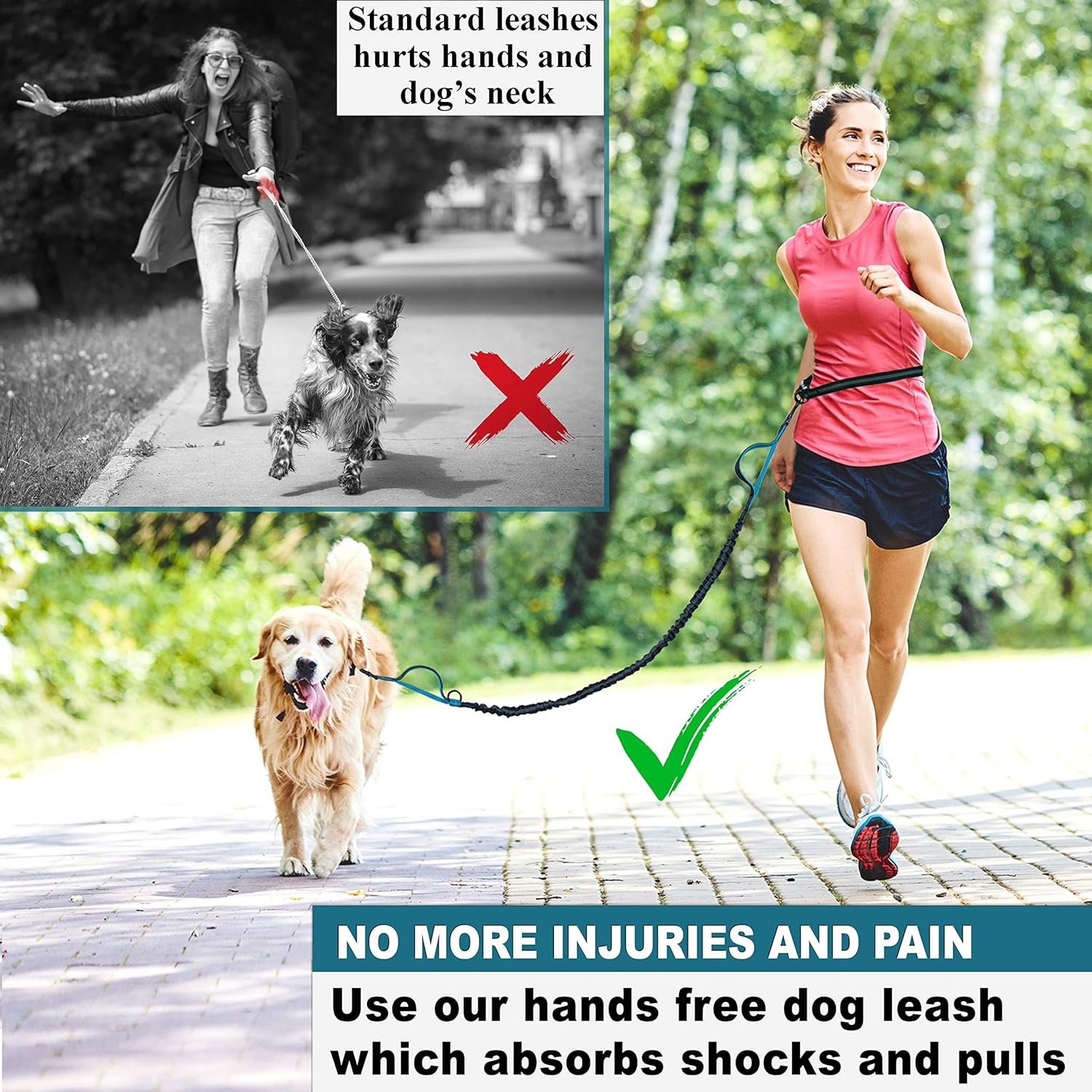 Hands Free Dog running Leash Reflective Bungee strap Dual Handle Heavy Duty Leash with Adjustable Waist Belt