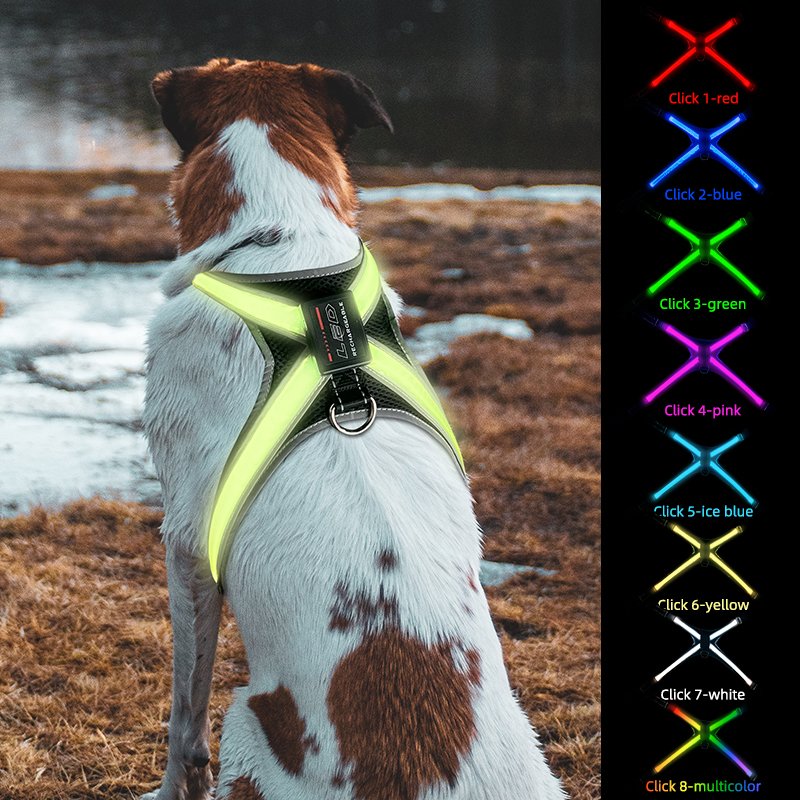 2024 New Style 8 Color Led Pet Dog Luminous Harness with Led Light Rechargeable Light Up Flashing Night Safety Dog Vest Harness