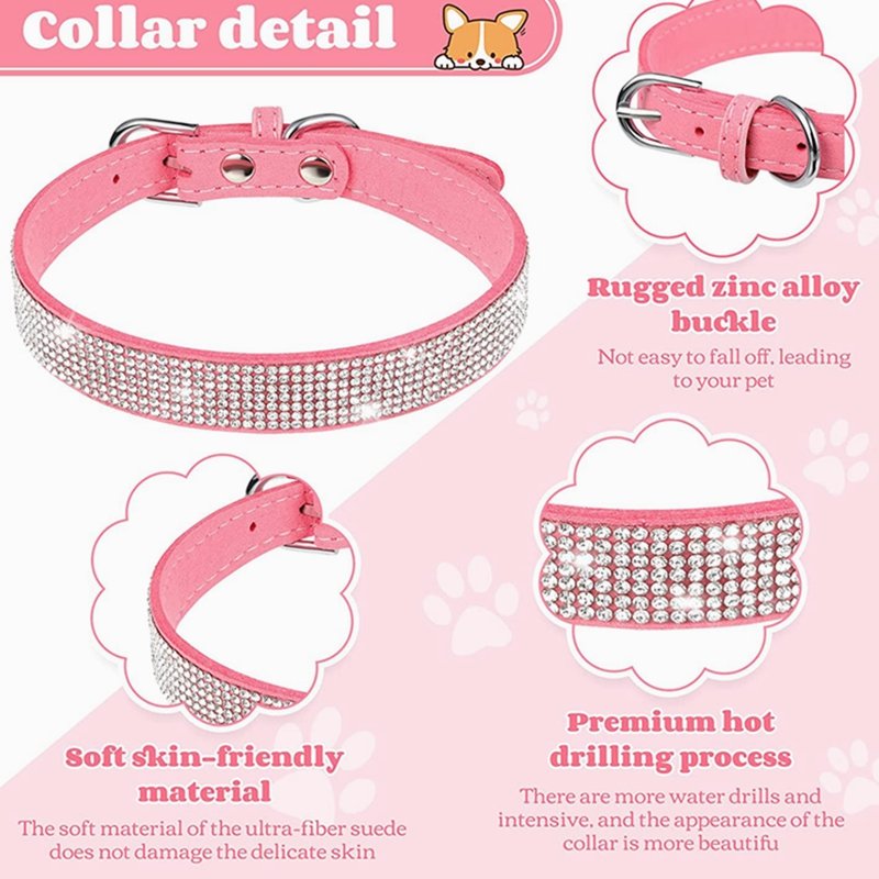 Sparkling Rhinestone Soft Suede Leather Dog Collar Dog Cat Rhinestone Collar Crystal Diamond Pet Dog Puppy Collar