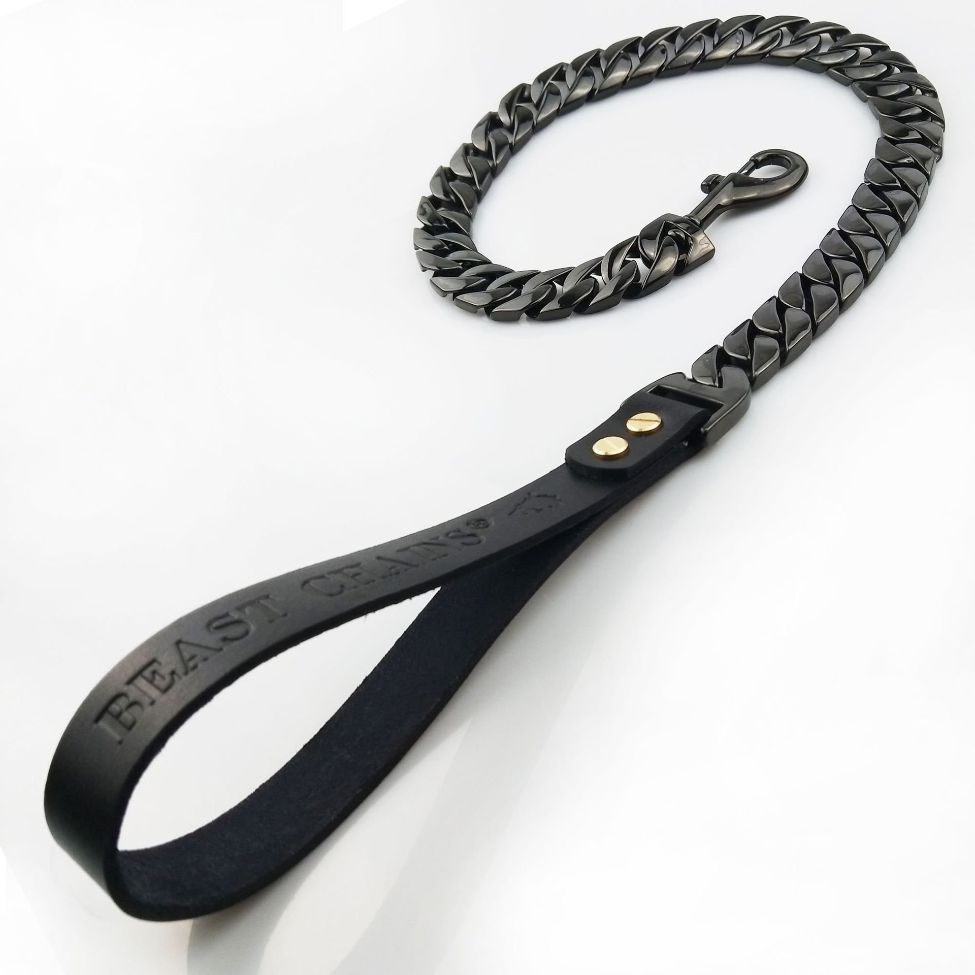 Pet products leather handle stainless steel 32mm Gold cuban chain dog harness big dog crystal collars and leads leashes