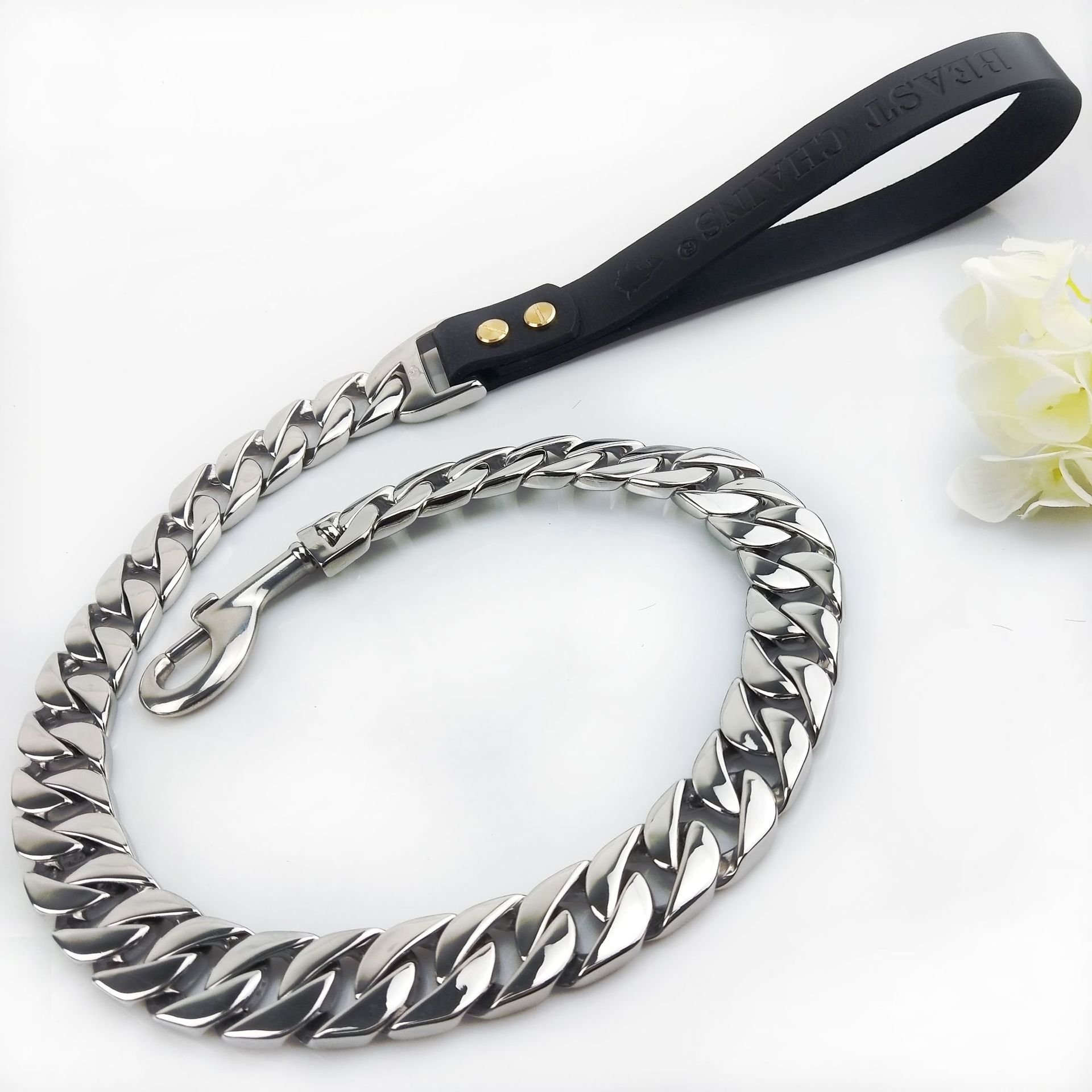 Pet products leather handle stainless steel 32mm Gold cuban chain dog harness big dog crystal collars and leads leashes