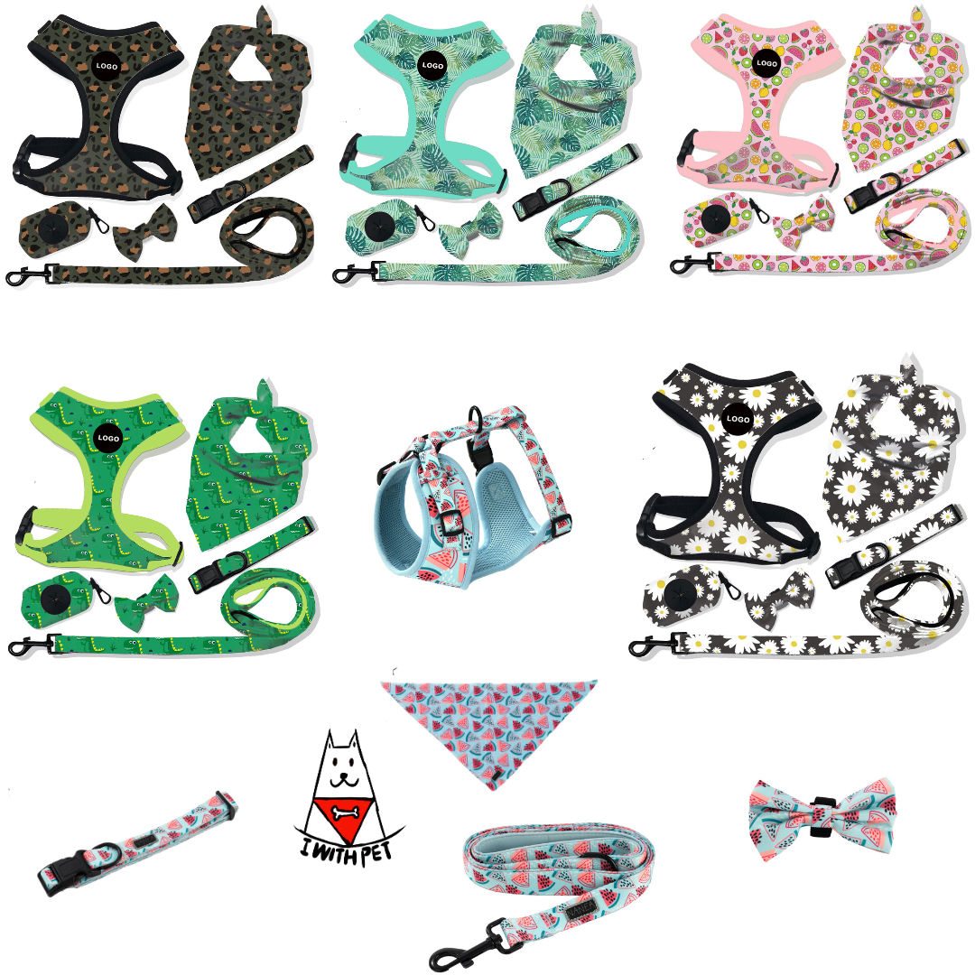 High Quality Pet Harness Set Sublimation Design Dog Leash Collar And Matching Bandana Set