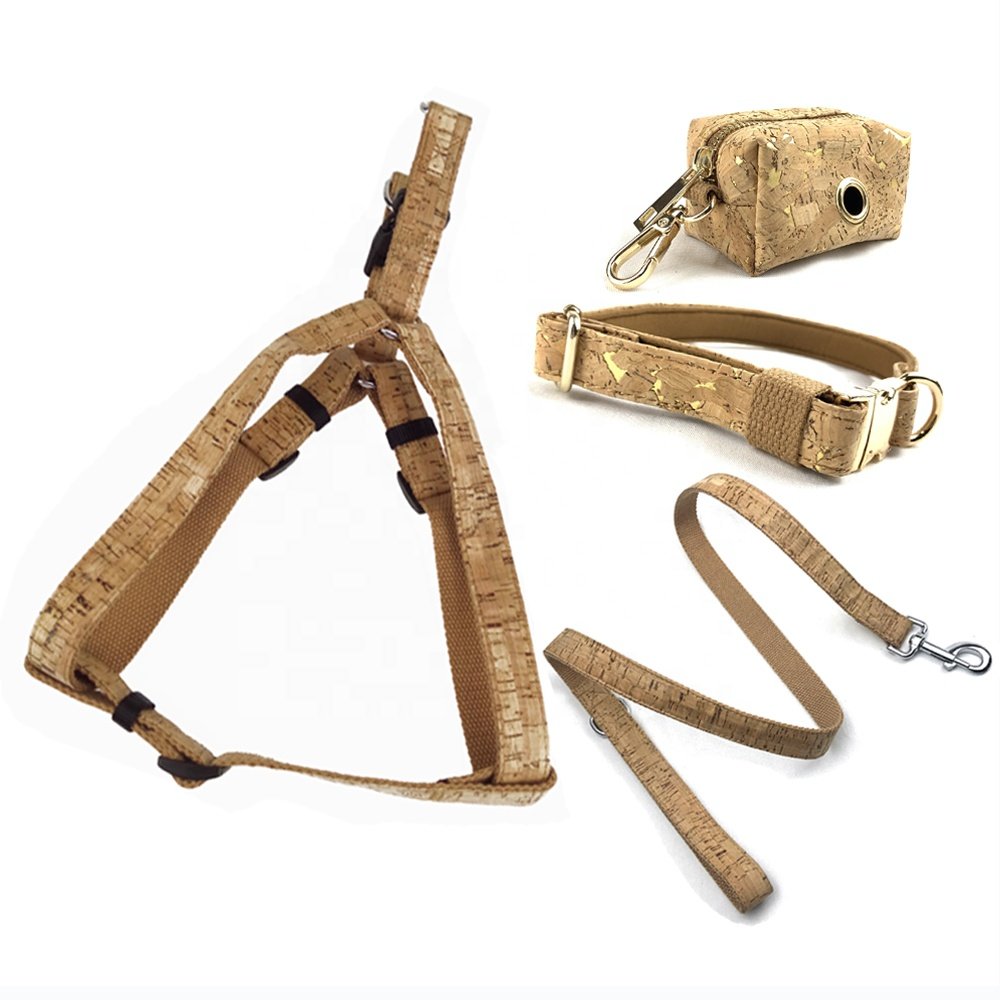 2021 New Design ECO Friendly Vegan Cork Leather Materials Dog Harness For Large Dogs No Pull Leather Harness collar set