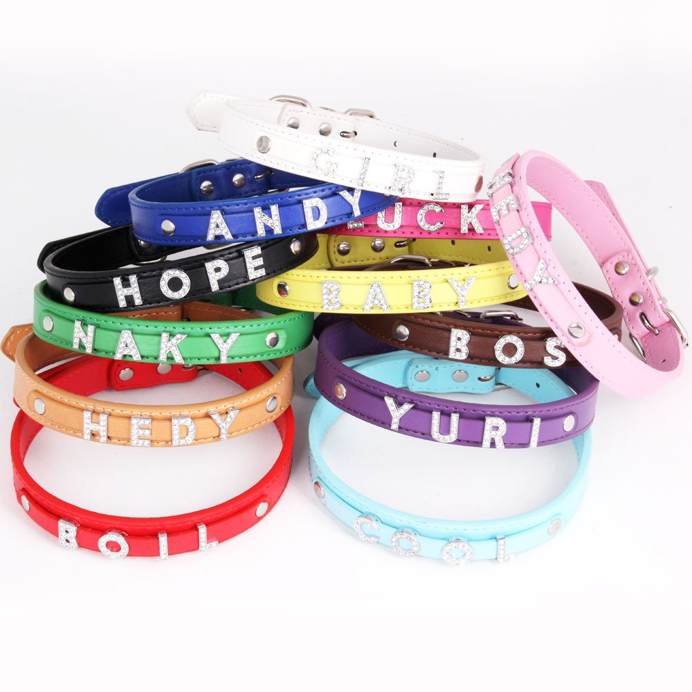 JXANRY Dog PU Collar with DIY Diamond Letter Pets Fashion Decoration Necklace Dog Small Collar Cat Collar Pets Daily Supplies