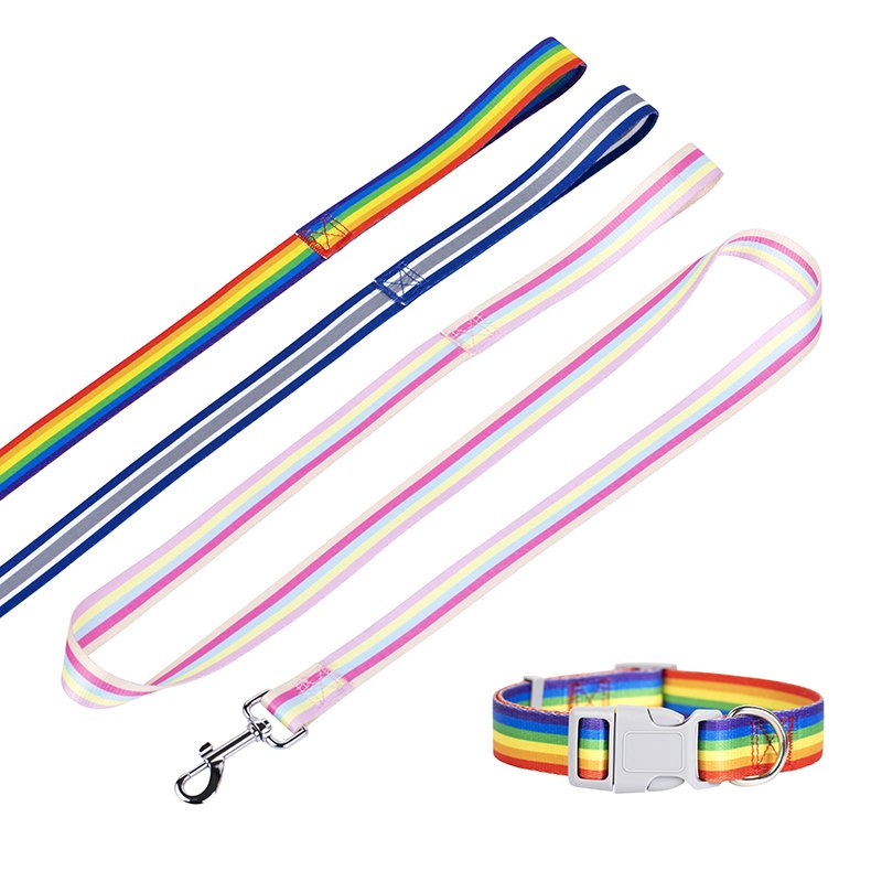 New Colorful Rainbow Macaron Adjustable Durable Nylon Outdoor Walking Dog Collar and Dog Leash for set