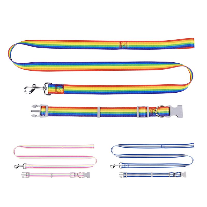 New Colorful Rainbow Macaron Adjustable Durable Nylon Outdoor Walking Dog Collar and Dog Leash for set