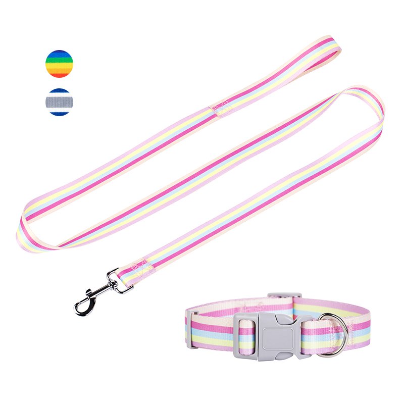 New Colorful Rainbow Macaron Adjustable Durable Nylon Outdoor Walking Dog Collar and Dog Leash for set