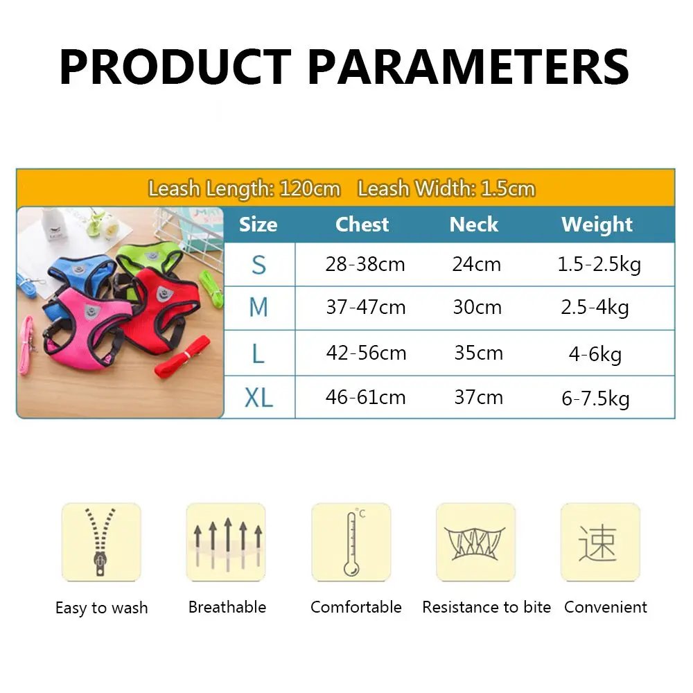 Breathable Fabric Mesh Dog Leash Soft Comfortable Pet Harness Puppy Vest Collar Pet Supplies For Chihuahua Pug