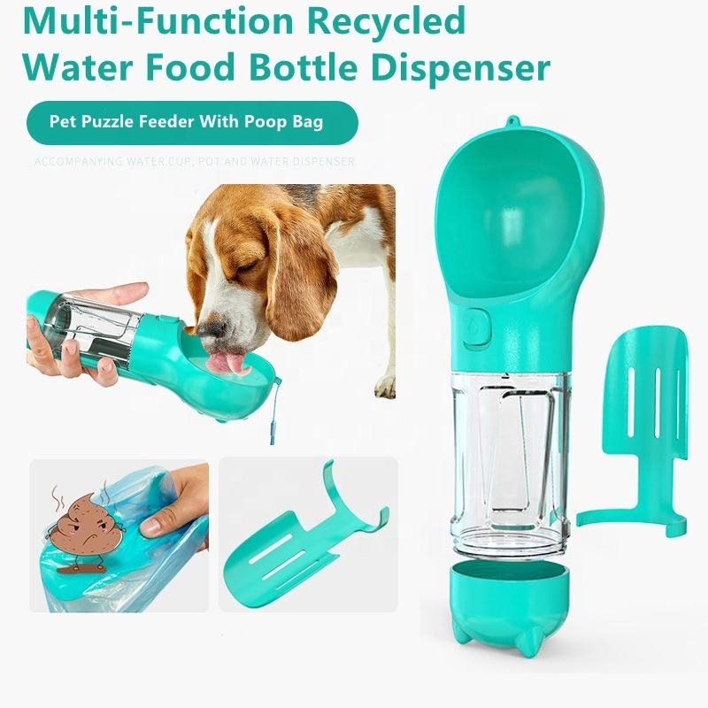 Portable Multi-Function Recycled Water Food Bottle Dispenser Puppy Dog Bowl Smart Drinker Pet Puzzle Feeder With Poop Bag