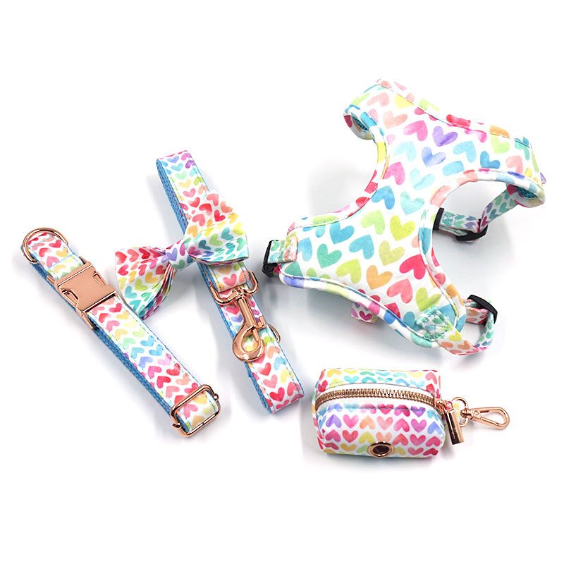 YOELLEN wholesale colorful print heart pet dog bows harness leash bandana poop bag custom logo adjustable pet collars