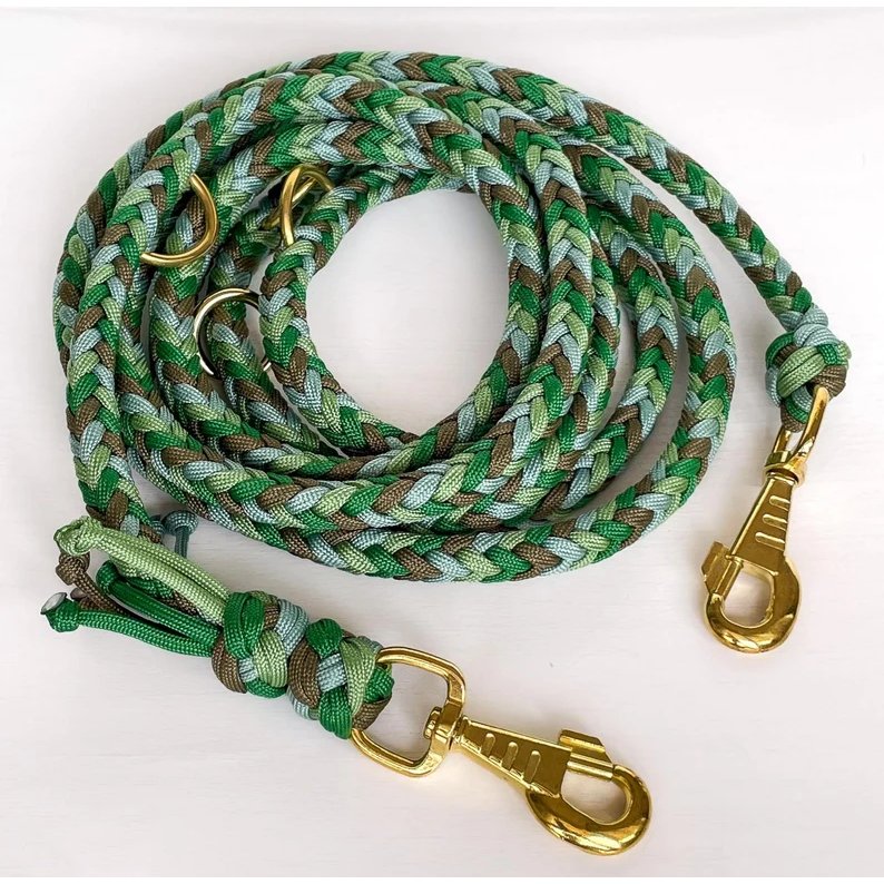 6 way adjustable Hands-free waterproof vegan braided customizable paracord dog leash in green tones