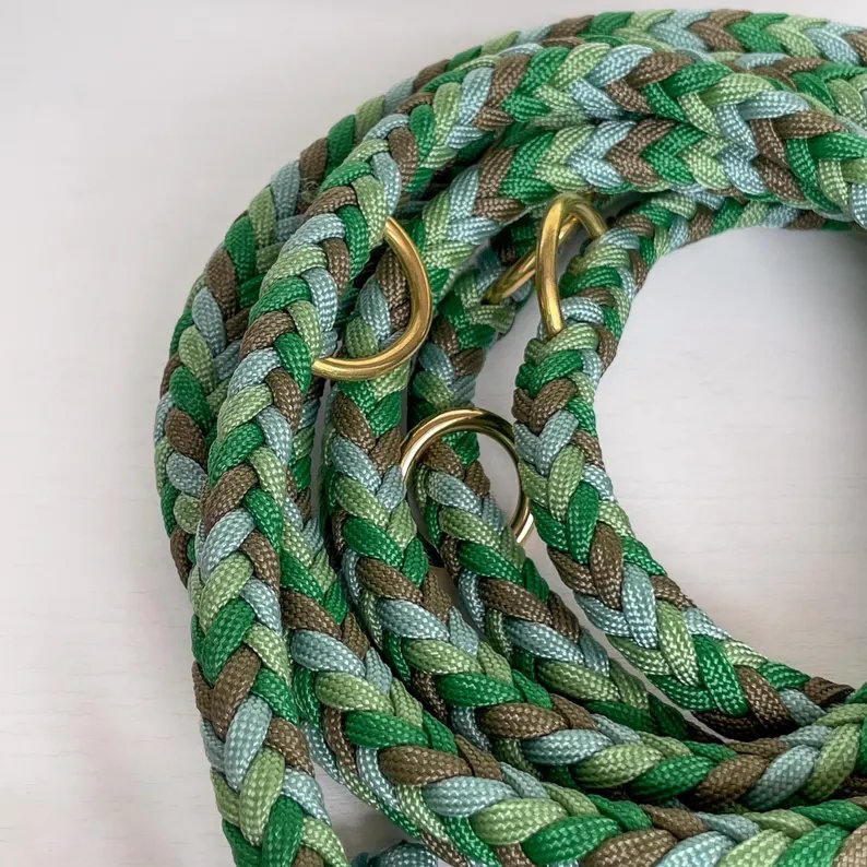 6 way adjustable Hands-free waterproof vegan braided customizable paracord dog leash in green tones