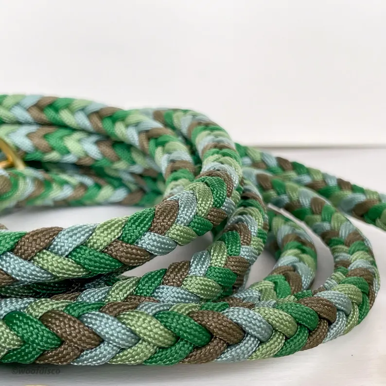 6 way adjustable Hands-free waterproof vegan braided customizable paracord dog leash in green tones