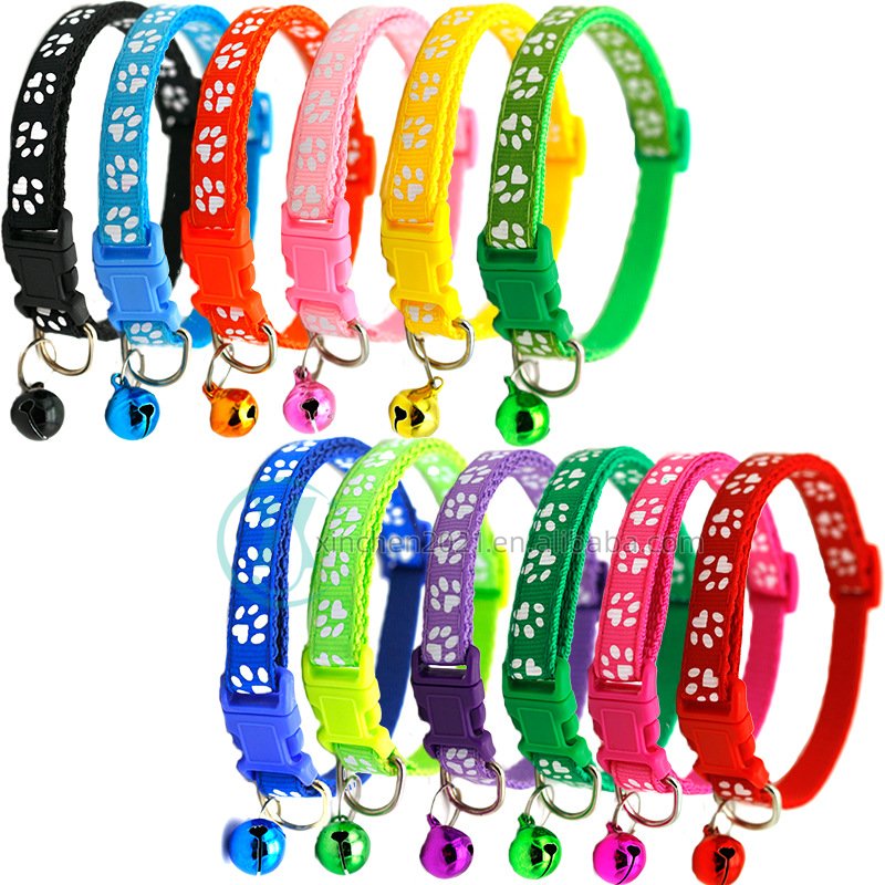 Multi-color Design Adjustable Pet Collar Cute Paw Pattern Small Cat Neck Strap With Bell