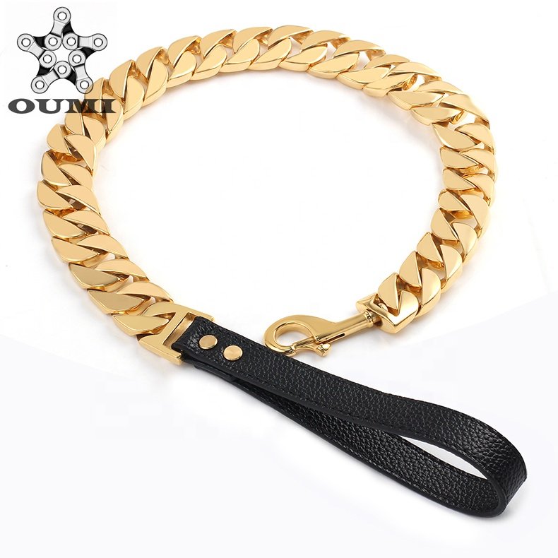 OUMI Custom Stainless Steel Welded Gold Dog Chains Dog Training Collars Snap Hook Leather Pet Dog Leash