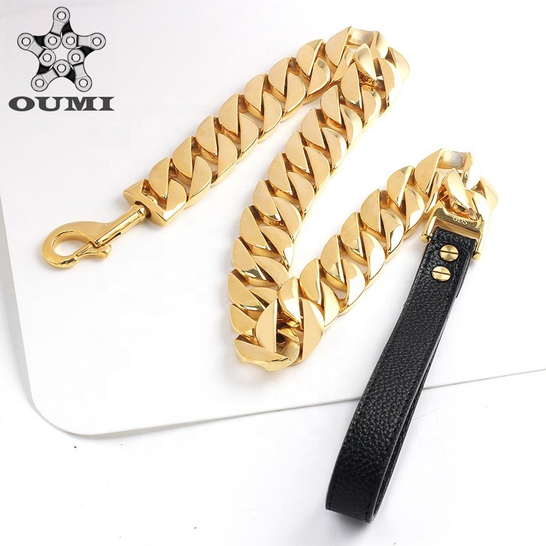 OUMI Custom Stainless Steel Welded Gold Dog Chains Dog Training Collars Snap Hook Leather Pet Dog Leash