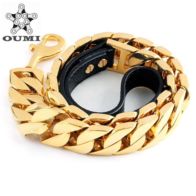 OUMI Custom Stainless Steel Welded Gold Dog Chains Dog Training Collars Snap Hook Leather Pet Dog Leash