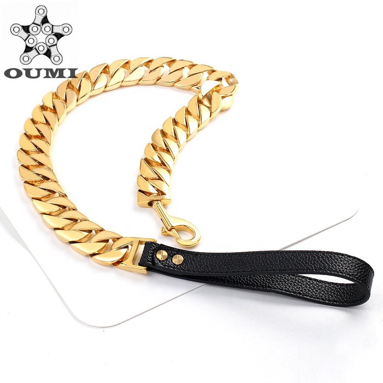 OUMI Custom Stainless Steel Welded Gold Dog Chains Dog Training Collars Snap Hook Leather Pet Dog Leash