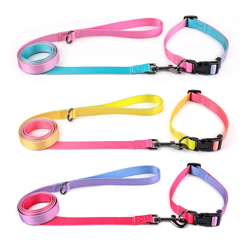 Gradient dog collar leash Pet colorful collar nylon dog leash