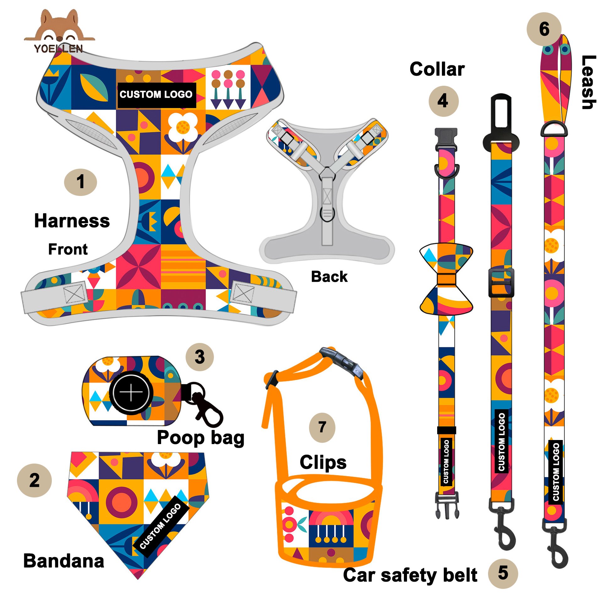 YOELLEN wholesale hot selling 7 piece floral adjustable custom logo pet dog harness leash bandana bows poop bag pet collars set