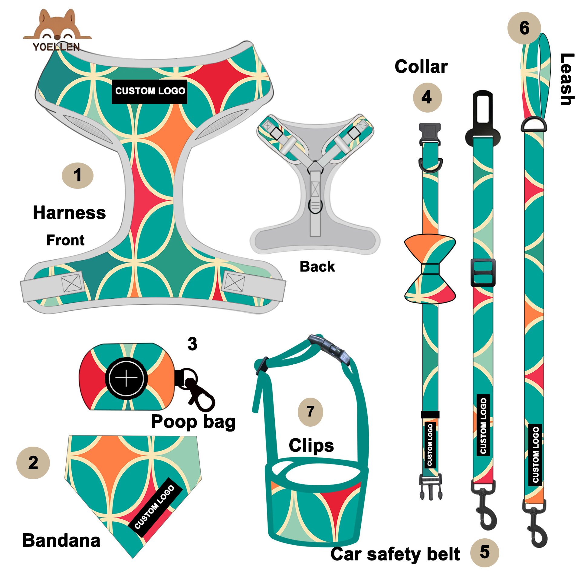 YOELLEN wholesale hot selling 7 piece floral adjustable custom logo pet dog harness leash bandana bows poop bag pet collars set