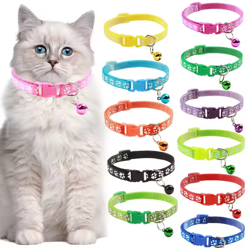 Wholesale Multi-Colors Paw Print Neck Bell Design Adjustable Reflective Nylon Pet Dog Cat Collar