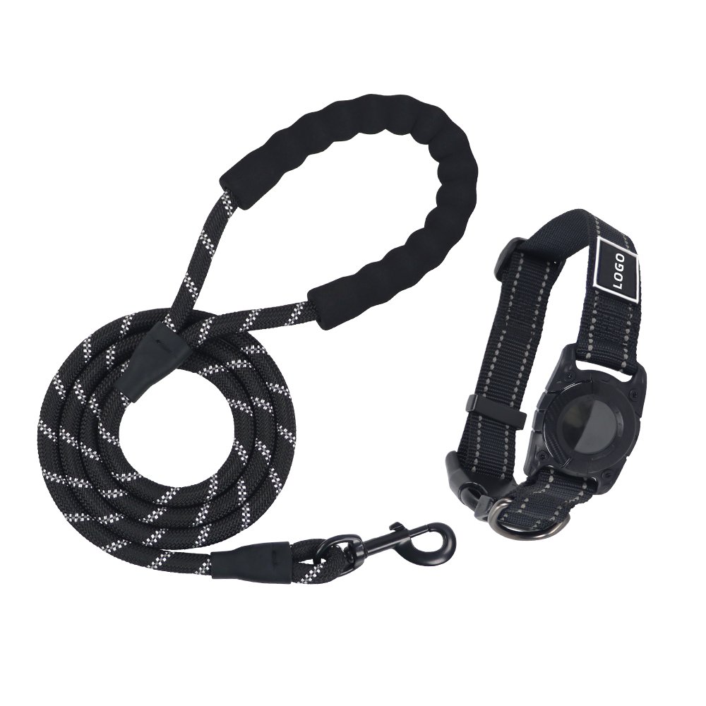 Custom Dog Leash Nylon Webbing Heavy Duty Reflective Strips Training Pet Leash Rope with Attached Bluetooth Locator Collar Set