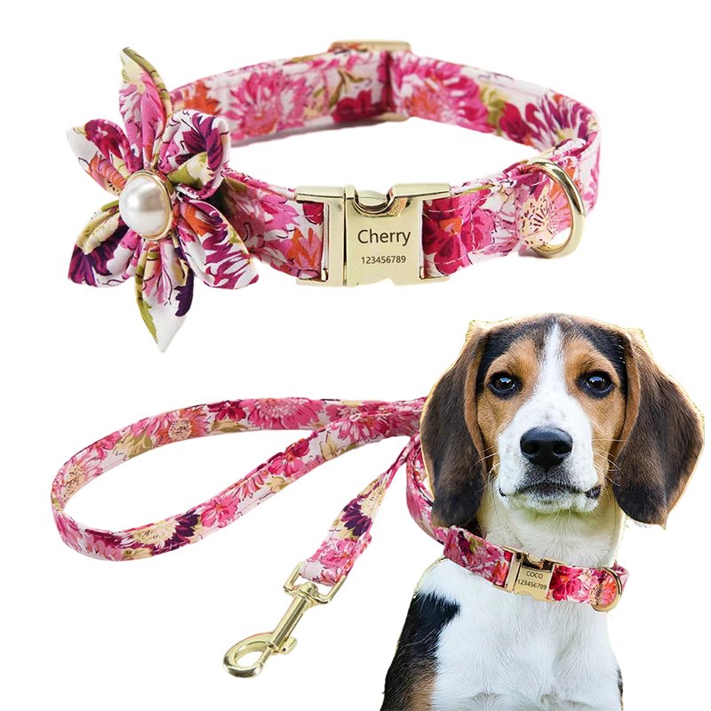 YOELLEN Wholesale hot selling fashion strong colorful cotton print flower custom name logo durable dog collar pet collars