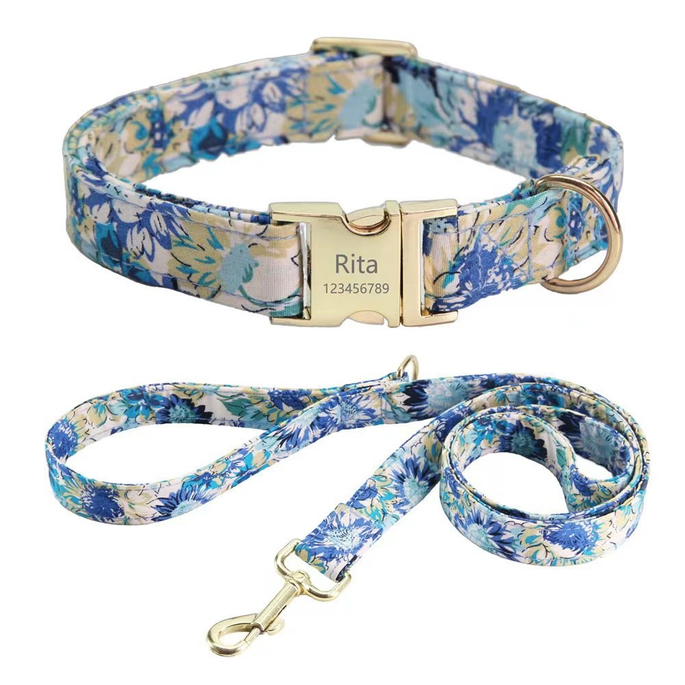 YOELLEN Wholesale hot selling fashion strong colorful cotton print flower custom name logo durable dog collar pet collars