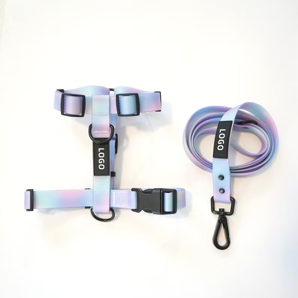 Custom Gradient PVC Dog Harness Leash Sets No Tangle Pull Hands Free Rubber Heavy Duty PVC Waterproof Dog H Harness