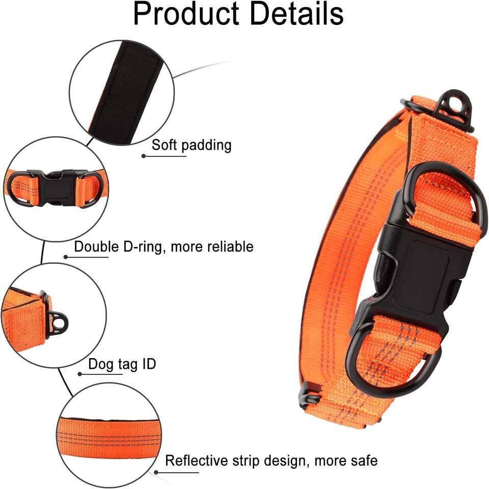 Hot sell Dog Collar Adjustable Training Explosion proof Nylon Dog Collar with Double D-Rings Reflective Stripe for walking dog