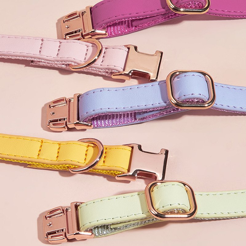 Wholesale Candy Colors Solid Color PU Leather Dog Collar Adjustable Metal Buckle Dog Collar