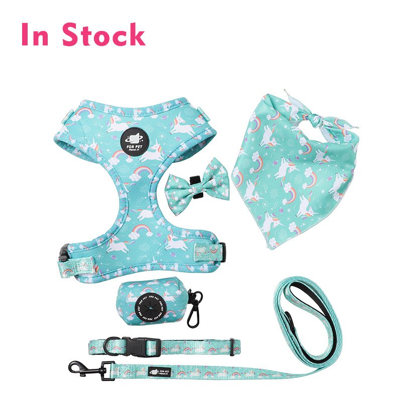 Custom Dog Harness Set Luxury Breathable Neoprene Pet Leash And Harnesses Adjustable Dog Collars with Pet Poop Bag