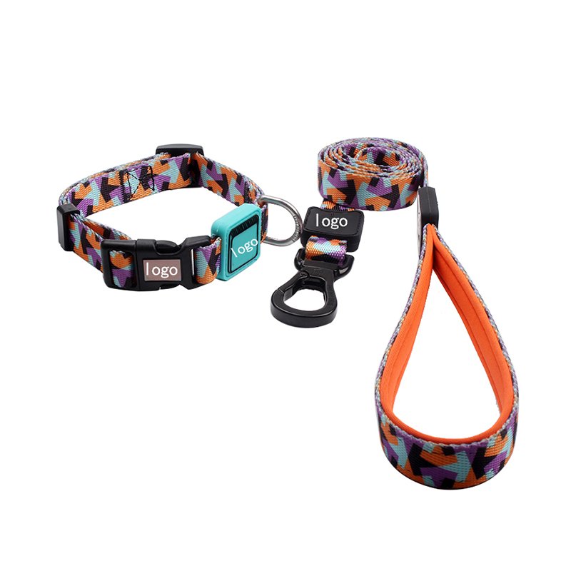 2024 Innovative Dog Supplies Hot Custom Dog Collar And Leash Engraved Polyester Rubber Logo Pet Dog Collar Padded Handle Leash