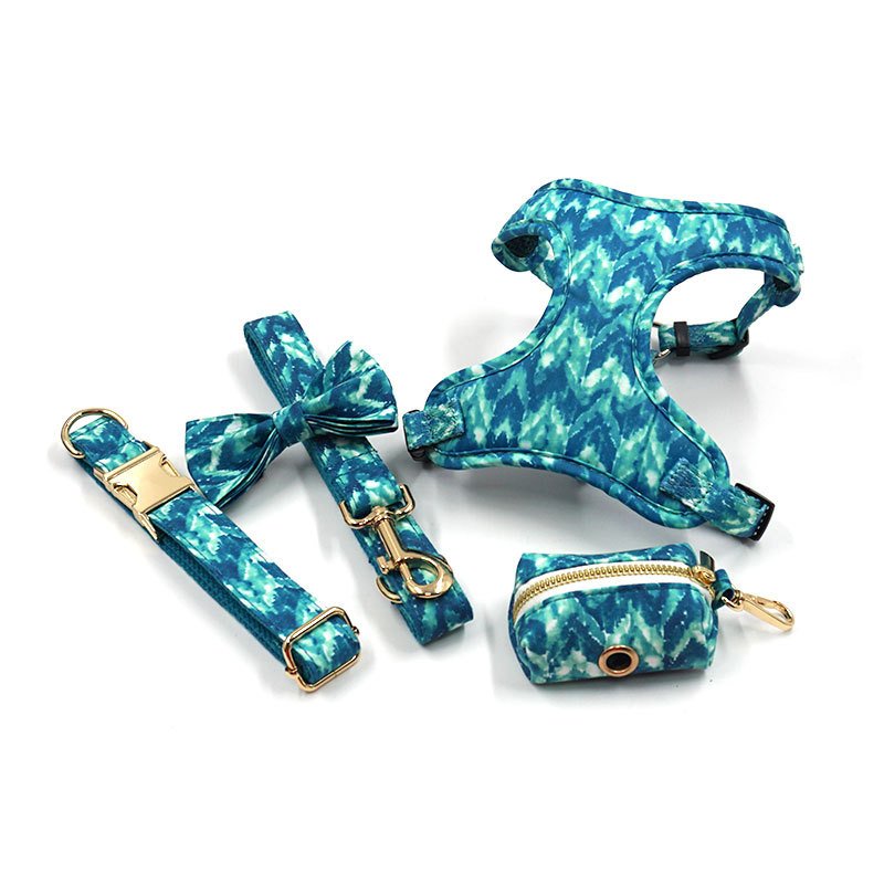 YOELLEN wholesale 5 pieces turquoise blue pet dog bows harness leash bandana poop bag custom logo adjustable pet collars set