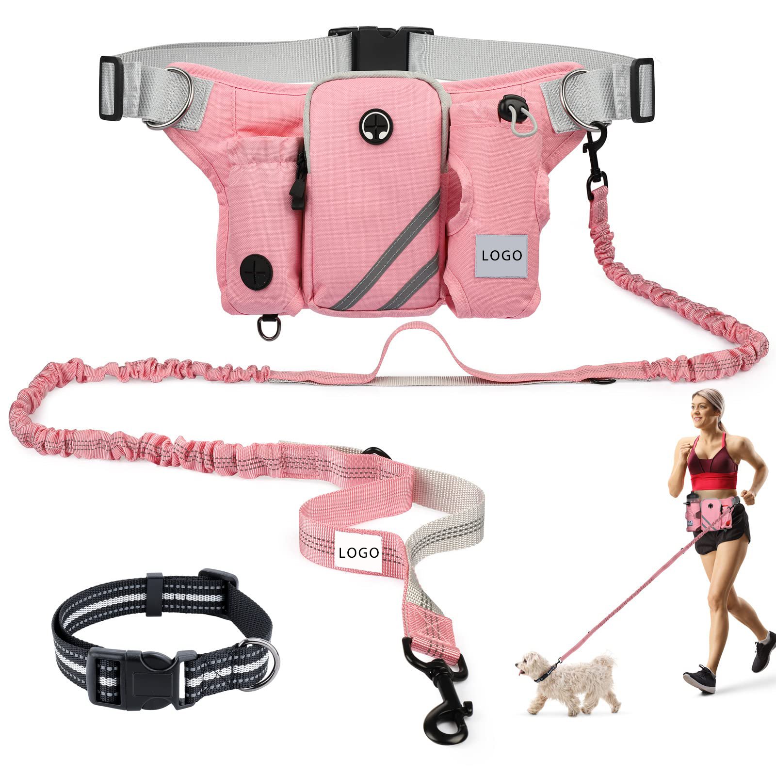 Reflective Stitching Leash Adjustable Retractable Hands Free Dog Leash with Zipper Pouch Waist Belt Bag