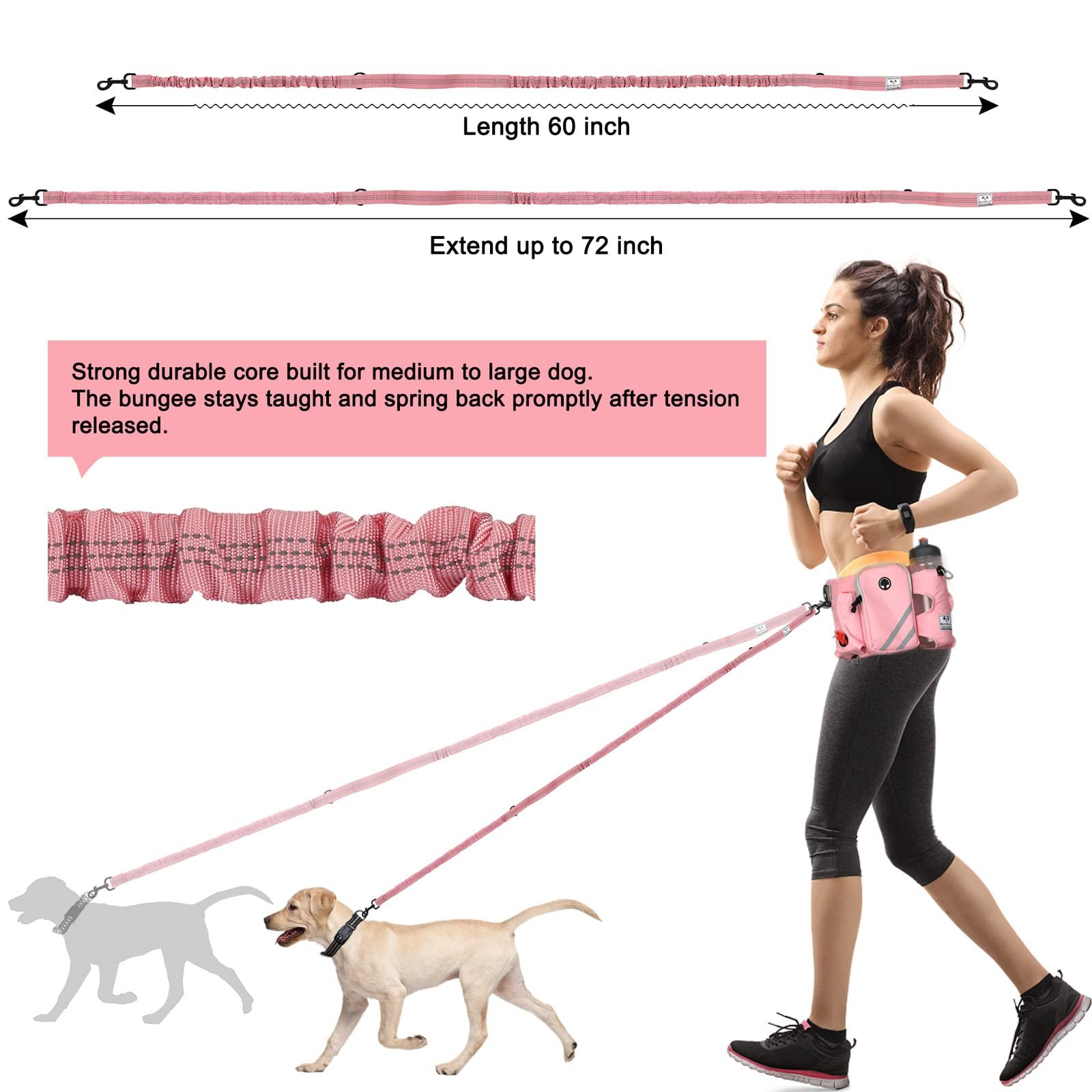 Reflective Stitching Leash Adjustable Retractable Hands Free Dog Leash with Zipper Pouch Waist Belt Bag